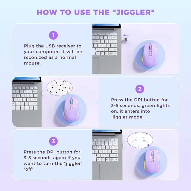 Alt view image 2 of 7 - _Mega Brand Wireless Mouse Jiggler - LED Wireless Mice with Build-in Mouse Mover, Rechargeable Moving Mouse for Laptop with Undetectable Random Movement Keeps Computers Awake - Purple