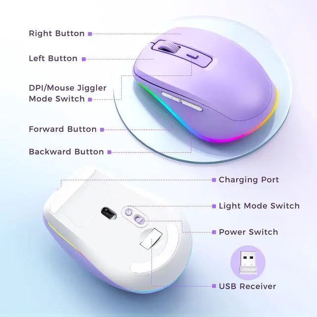 Alt view image 6 of 7 - _Mega Brand Wireless Mouse Jiggler - LED Wireless Mice with Build-in Mouse Mover, Rechargeable Moving Mouse for Laptop with Undetectable Random Movement Keeps Computers Awake - Purple