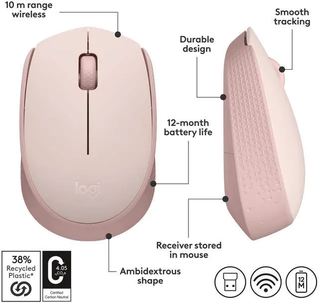 Alt view image 7 of 7 - M170 Wireless Mouse for PC, Mac, Laptop, 2.4 GHz with USB Mini Receiver, Optical Tracking, 12-Months Battery Life, Ambidextrous - Rose