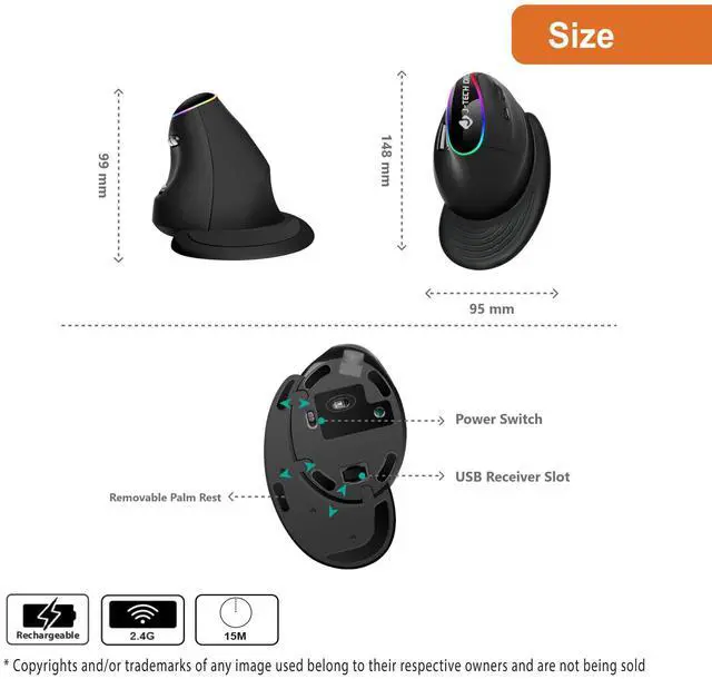 Alt view image 3 of 7 - _Mega Brand  Ergonomic Mouse with Wireless Connection, Removable Palm Rest, Thumb Buttons, Rechargeable Battery, 800 DPI, Compatible with Windows and MAC OS