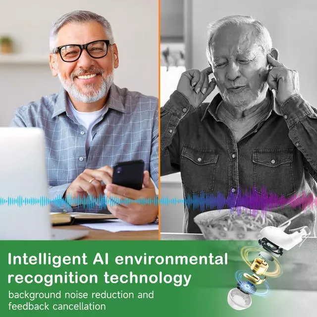 Alt view image 7 of 7 - _Mega Brand Hearing Aids for Seniors Rechargeable with Noise Cancelling - Bluetooth OTC 24 Channel Hearing Amplifier - Smart Fitting & Invisible Design - Charging Case - Mild to Moderate (White)
