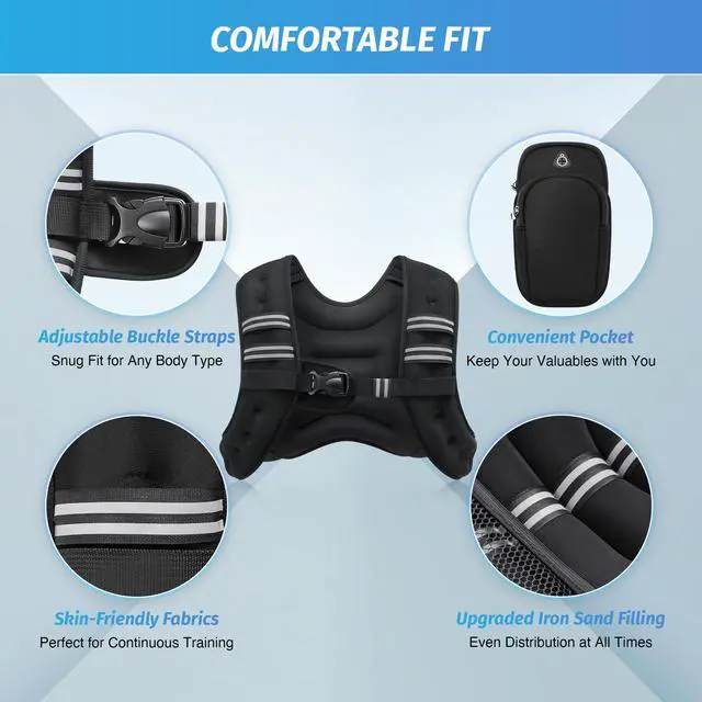 Alt view image 2 of 7 - _Mega Brand Weighted Vest, 6lb/8lb/12lb/16lb/20lb/25lb/30lb Weight Vest with Reflective Stripe for Workout, Strength Training, Running, Fitness, Muscle Building, Weight Loss, Weightlifting, Black