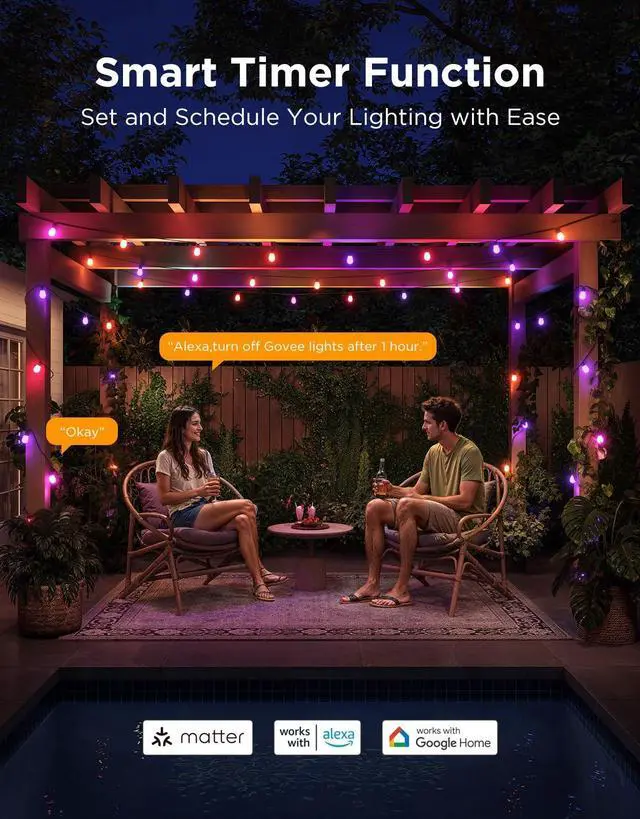 Alt view image 5 of 7 - Bulb Outdoor String Lights 2, 96ft Smart RGBIC Warm White Lights with 30 LED Bulbs(2 Ropes of 48ft), 111 Scene Modes for Patio Decor, IP66 Compatible with Alexa, Google, Matter, APP Control