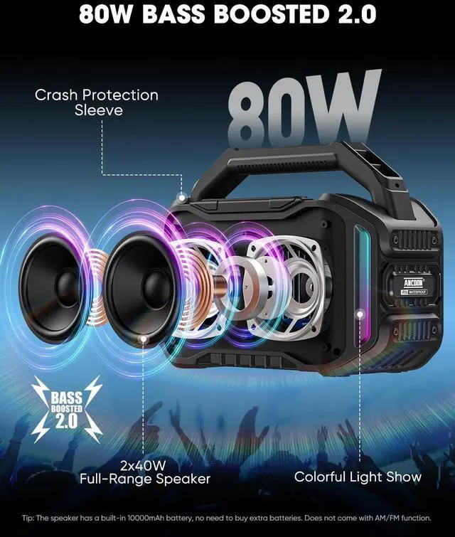 Alt view image 2 of 7 - _Mega Brand Speakers Bluetooth Wireless: 80W(Peak) Loud Speaker with Bass, 20H Playtime, IPX6 Waterproof, Large Jobsite Speakers for Work, Outdoor, Workshop, Garage, Portable Speaker with TWS (Black)