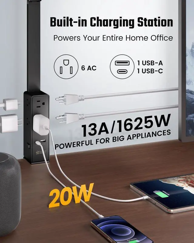 Alt view image 2 of 7 - LED Desk Lamp with Power Strip (6 Outlets, 1 USB, 1 Type-C) for Home Office, Desk Light Computer Light with Clamp, Architect Desk Lamp with Smooth Dimming 5 Colors Touch & Wave Control