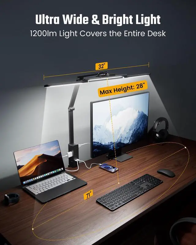 Alt view image 4 of 7 - LED Desk Lamp with Power Strip (6 Outlets, 1 USB, 1 Type-C) for Home Office, Desk Light Computer Light with Clamp, Architect Desk Lamp with Smooth Dimming 5 Colors Touch & Wave Control