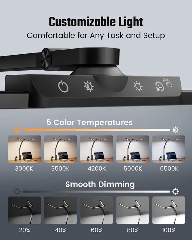 Alt view image 5 of 7 - LED Desk Lamp with Power Strip (6 Outlets, 1 USB, 1 Type-C) for Home Office, Desk Light Computer Light with Clamp, Architect Desk Lamp with Smooth Dimming 5 Colors Touch & Wave Control