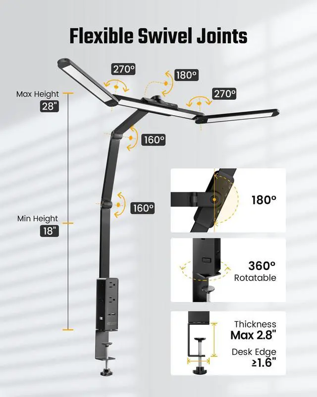 Alt view image 6 of 7 - LED Desk Lamp with Power Strip (6 Outlets, 1 USB, 1 Type-C) for Home Office, Desk Light Computer Light with Clamp, Architect Desk Lamp with Smooth Dimming 5 Colors Touch & Wave Control