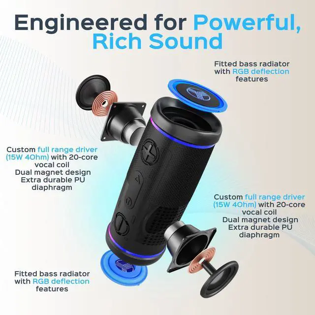 Alt view image 3 of 7 - HD77 Bluetooth Speaker - Powerful 360° Sound with Impactful Bass, 30W Portable Wireless Audio, 20H Battery, IPX7 Waterproof, TWS Stereo, Shockproof Design for Outdoor, Beach, Pool, Jobsite