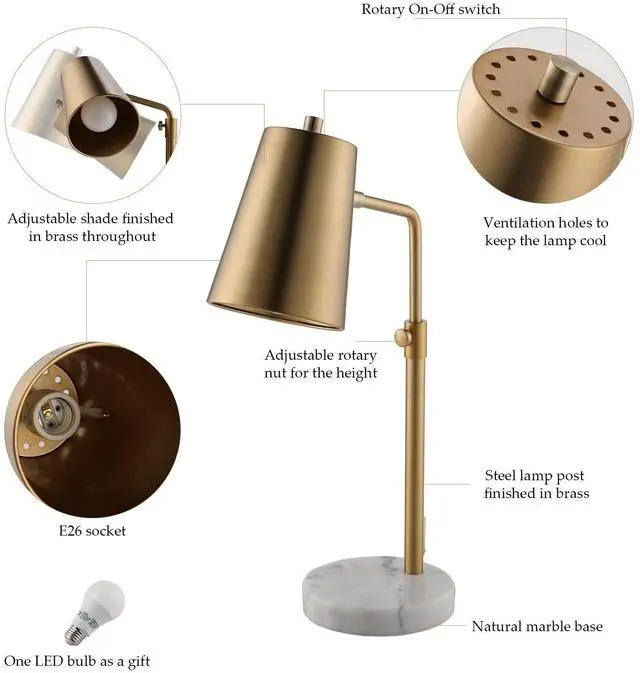 Alt view image 4 of 7 - VONLUCE Gold Desk Lamp with LED Bulb Adjustable, Antique Brass Metal Table Lamp Marble Base, Mid Century Modern Reading Lamp Office, 20 Industrial Task Lamp Work Lamp for Reading Bedroom