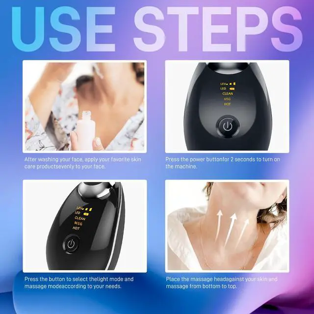 Alt view image 6 of 6 - _Mega Brand Face Massager with Led Light: 7-Color Facial Device - Neck Wrinkles Tightening Wand - Vibration Tool for Skin Care, Black