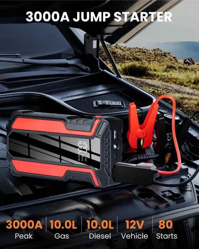 Alt view image 2 of 7 - _Mega Brand Car Jump Starter 3000A, Car Battery Jump Starter for Up to 10.0L Gas & 10.0L Diesel Engine, 12V Jump Box Portable Jump Starter Battery Pack with LED Light, Jumper Cables