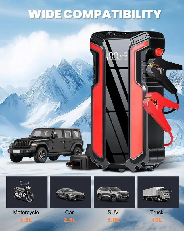 Alt view image 3 of 7 - _Mega Brand Car Jump Starter 3000A, Car Battery Jump Starter for Up to 10.0L Gas & 10.0L Diesel Engine, 12V Jump Box Portable Jump Starter Battery Pack with LED Light, Jumper Cables