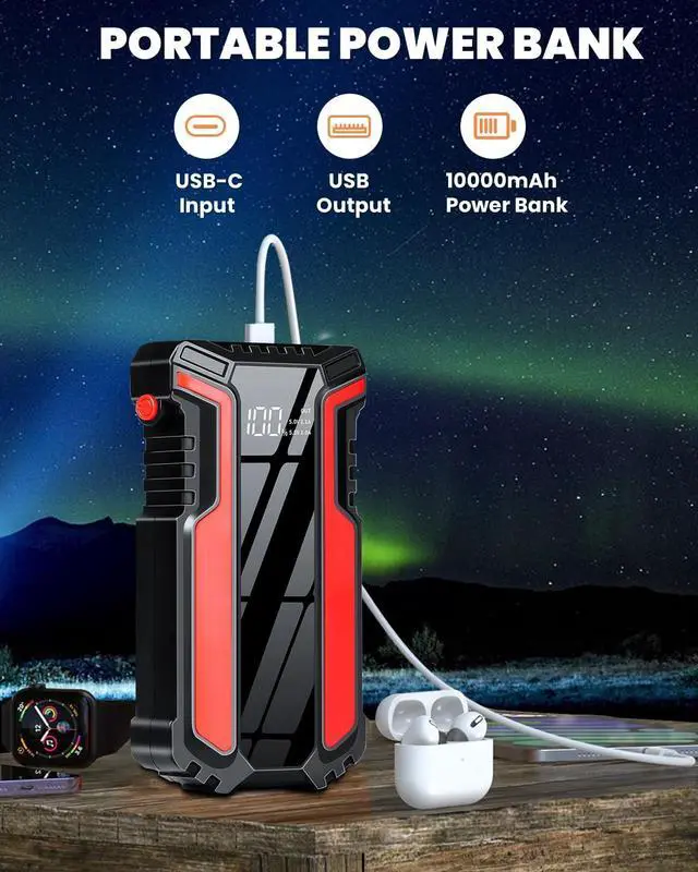 Alt view image 4 of 7 - _Mega Brand Car Jump Starter 3000A, Car Battery Jump Starter for Up to 10.0L Gas & 10.0L Diesel Engine, 12V Jump Box Portable Jump Starter Battery Pack with LED Light, Jumper Cables