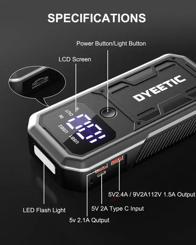 Alt view image 7 of 7 - _Mega Brand Car Jump Starter, Lithium Jump Starter Battery Pack 4000A (10.0L Gas / 8.0L Diesel Engines), 12V Lithium Battery Booster Pack Portable Power Bank with USB Quick Charge and Type C Port