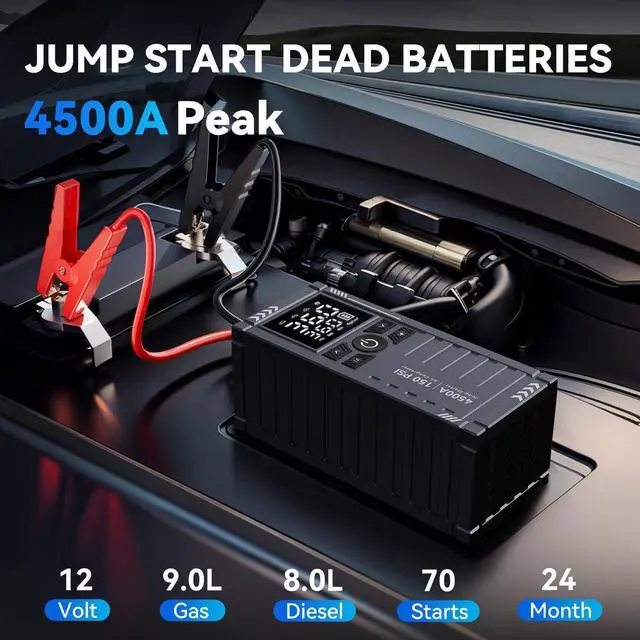 Alt view image 2 of 7 - _Mega Brand Car Battery Jump Starter with Air Compressor - 4500A 150PSI Portable Car Jump Starters with Tire Inflator, 12V Car Battery Jump Box with Jumper Cables, LCD Display, LED Light