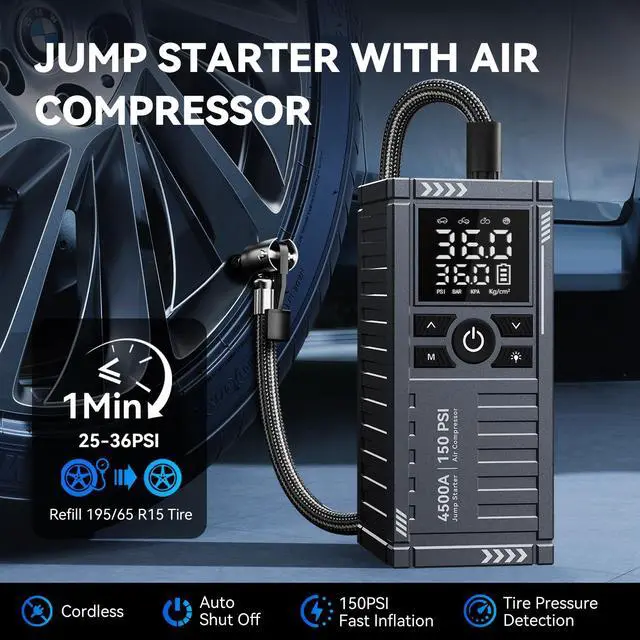 Alt view image 3 of 7 - _Mega Brand Car Battery Jump Starter with Air Compressor - 4500A 150PSI Portable Car Jump Starters with Tire Inflator, 12V Car Battery Jump Box with Jumper Cables, LCD Display, LED Light