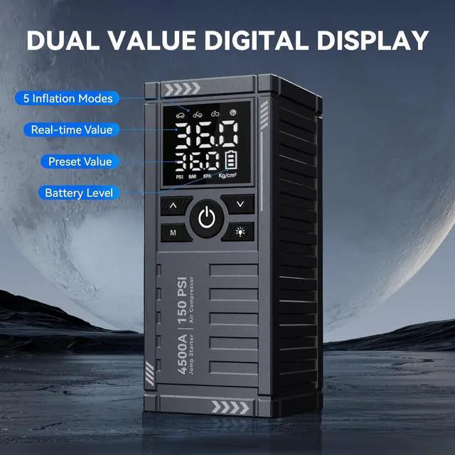 Alt view image 7 of 7 - _Mega Brand Car Battery Jump Starter with Air Compressor - 4500A 150PSI Portable Car Jump Starters with Tire Inflator, 12V Car Battery Jump Box with Jumper Cables, LCD Display, LED Light