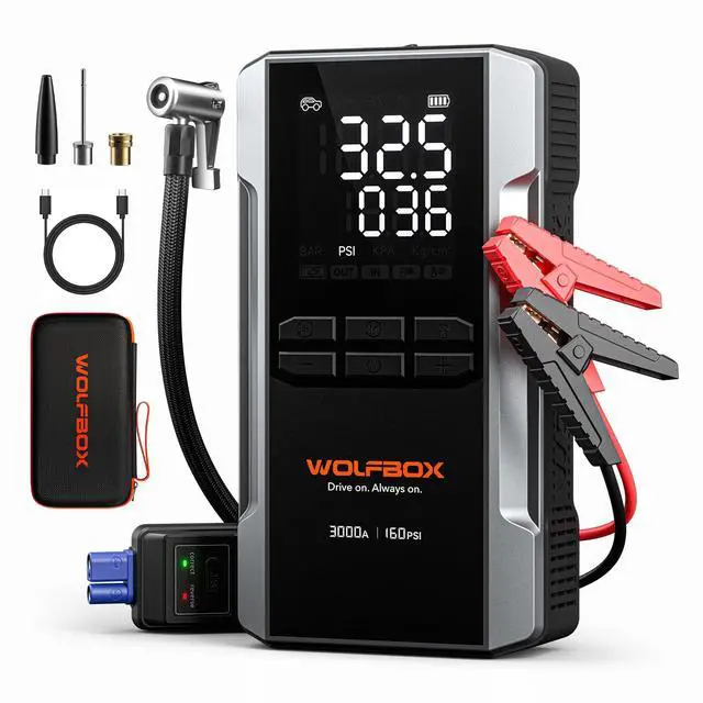 Main image of _Mega Brand 3000A Jump Starter with Air Compressor, 16000mAh&160PSI Portable Car Battery Jump Starter with 65W Fast Charge, 12V Battery Pack with Boost, Light and Jumper Cables