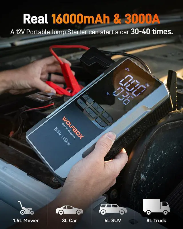 Alt view image 3 of 7 - _Mega Brand 3000A Jump Starter with Air Compressor, 16000mAh&160PSI Portable Car Battery Jump Starter with 65W Fast Charge, 12V Battery Pack with Boost, Light and Jumper Cables