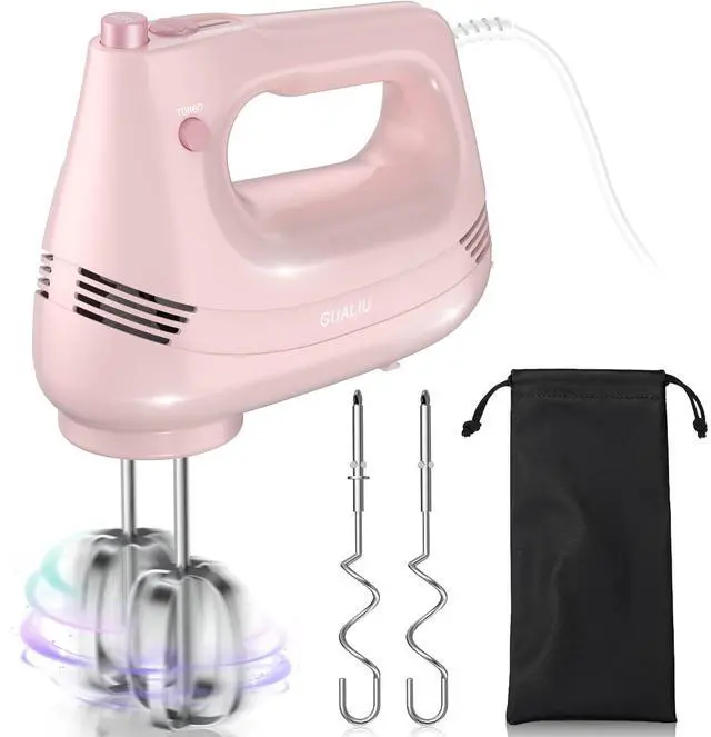 Main image of GUALIU Electric Hand Mixer with Stainless Steel Whisk, Dough Hook Attachment and Storage Bag, Handheld Mixer for Baking Cakes, Eggs, Cream Food Mixers. Turbo Boost /5 Speed Kitchen Blender PINK