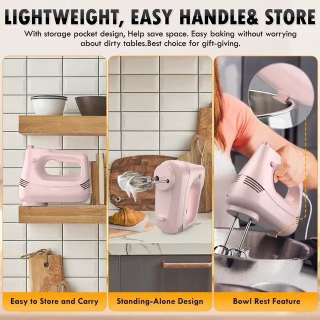 Alt view image 5 of 7 - GUALIU Electric Hand Mixer with Stainless Steel Whisk, Dough Hook Attachment and Storage Bag, Handheld Mixer for Baking Cakes, Eggs, Cream Food Mixers. Turbo Boost /5 Speed Kitchen Blender PINK