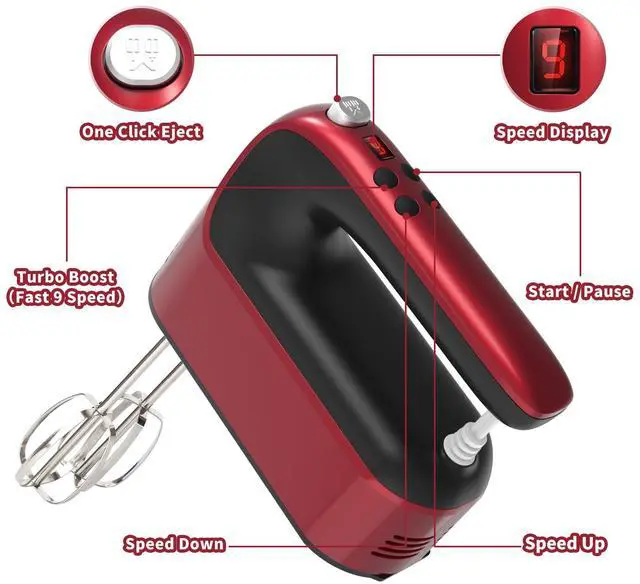 Alt view image 2 of 7 - _Mega Brand  9-Speed Digital Hand Mixer Electric, 400W DC Motor, Hand Mixer electric Handheld with Snap-On Storage Case, Touch Button, Turbo Boost, 5x Stainless Steel Accessories (Red)