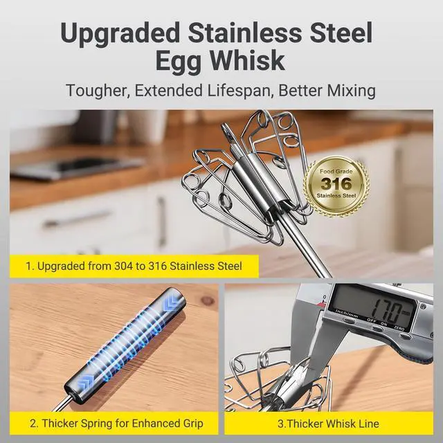 Alt view image 2 of 7 - _Mega Brand Egg Whisk,2025 Upgraded Stainless Steel Semi Automatic Whisk,Hand Wisk Egg Beater Easy to Use for Making Cream, Blending, Whisking, Beating & Stirring (12 Inch)