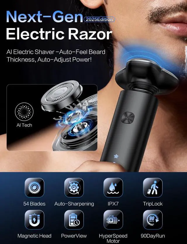 Alt view image 2 of 7 - Electric Razor for Men, Men's Electric Shaver, 3-Blade Rotary Shaving System, Touch Switch, Type-C Fast Charging, LED Display, Travel Lock, 90+ Minutes Run Time