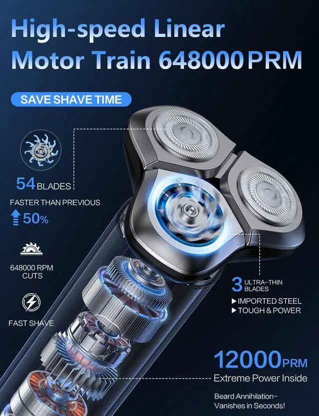 Alt view image 3 of 7 - Electric Razor for Men, Men's Electric Shaver, 3-Blade Rotary Shaving System, Touch Switch, Type-C Fast Charging, LED Display, Travel Lock, 90+ Minutes Run Time