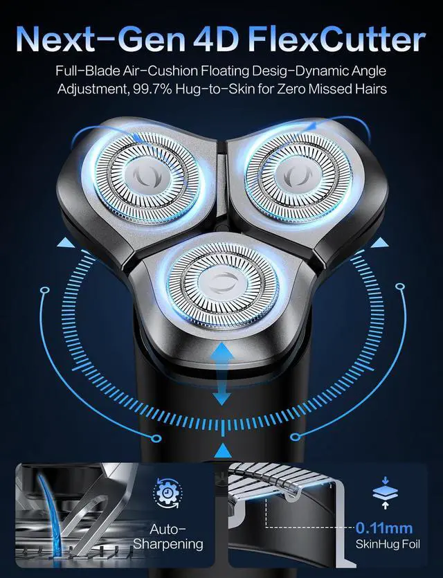 Alt view image 4 of 7 - Electric Razor for Men, Men's Electric Shaver, 3-Blade Rotary Shaving System, Touch Switch, Type-C Fast Charging, LED Display, Travel Lock, 90+ Minutes Run Time