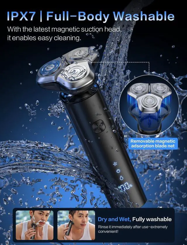 Alt view image 6 of 7 - Electric Razor for Men, Men's Electric Shaver, 3-Blade Rotary Shaving System, Touch Switch, Type-C Fast Charging, LED Display, Travel Lock, 90+ Minutes Run Time