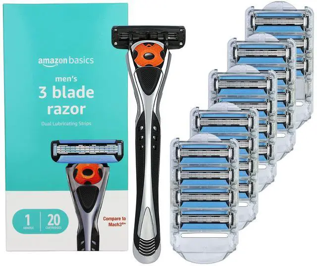 Main image of 3-Blade Motion Sphere Razor for Men with Dual Lubrication, Pivoting Head for Comfortable Shave, Handle & 20 Cartridges, 21 Piece Set, Black (Previously Solimo)
