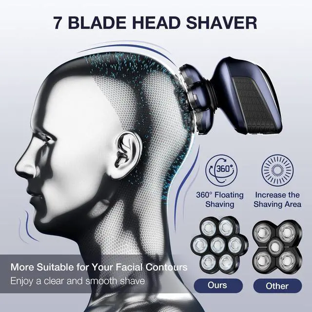 Alt view image 2 of 7 - Head Shaver 7D, Upgrade Head Shavers for Bald Men, Head Electric Razor with Nose Hair Trimmer, IPX6 Waterproof Wet/Dry Mens Grooming Kit, Anti-Pinch, LED Display, USB Rechargeable