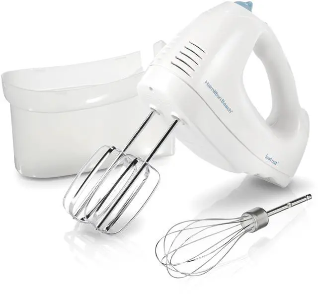 Main image of Hamilton Beach 6-Speed Electric Hand Mixer with Whisk, Traditional Beaters, Snap-On Storage Case, 250 Watts, White