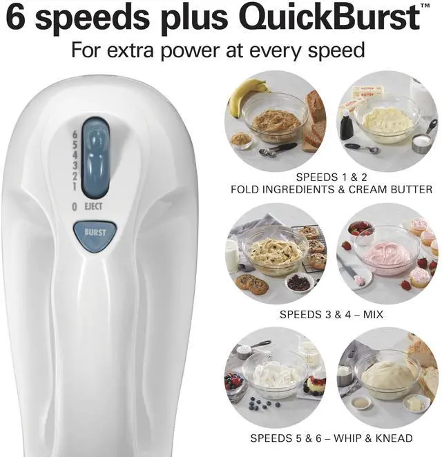 Alt view image 3 of 7 - Hamilton Beach 6-Speed Electric Hand Mixer with Whisk, Traditional Beaters, Snap-On Storage Case, 250 Watts, White