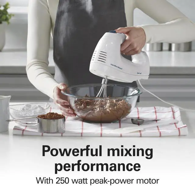 Alt view image 5 of 7 - Hamilton Beach 6-Speed Electric Hand Mixer with Whisk, Traditional Beaters, Snap-On Storage Case, 250 Watts, White