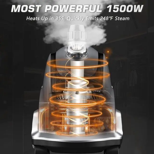 Alt view image 2 of 7 - _Mega Brand Steamer for Clothes, 1500W Powerful Standing Garment Steamer with Roll Wheels, 2.4L Water Tank for 90 Mins Continuous Steaming, 35s Fast Heat-up (Silver)