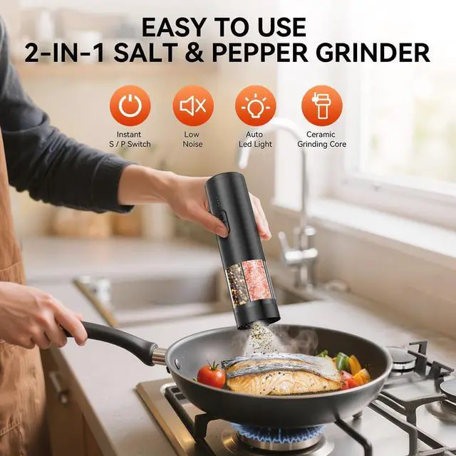 Alt view image 2 of 7 - _Mega Brand Electric Salt and Pepper Grinder Set 2 in 1, USB Rechargeable, Automatic Salt and Pepper Mill Shakers with LED Light, Adjustable Coarseness, Ideal for Kitchen Outdoor BBQ Gift