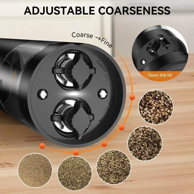 Alt view image 6 of 7 - _Mega Brand Electric Salt and Pepper Grinder Set 2 in 1, USB Rechargeable, Automatic Salt and Pepper Mill Shakers with LED Light, Adjustable Coarseness, Ideal for Kitchen Outdoor BBQ Gift