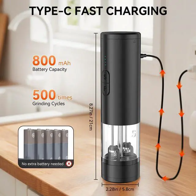 Alt view image 5 of 7 - _Mega Brand Electric Salt and Pepper Grinder Set 2 in 1, USB Rechargeable, Automatic Salt and Pepper Mill Shakers with LED Light, Adjustable Coarseness, Ideal for Kitchen Outdoor BBQ Gift