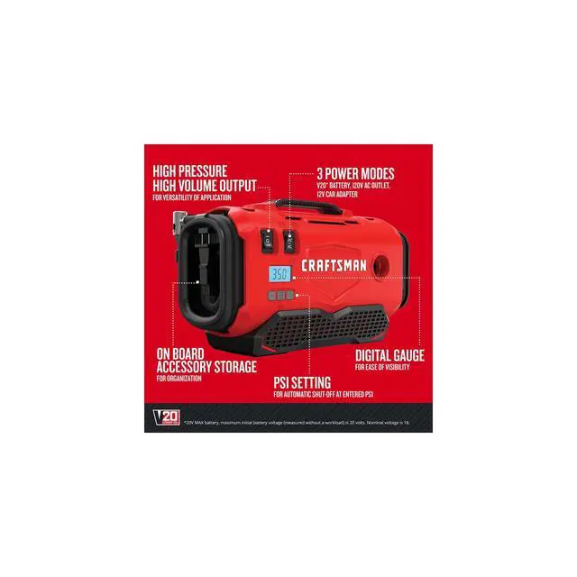 Alt view image 2 of 7 - _Mega Brand V20 Tire Inflator, Portable Air Compressor, 3 Modes: Cordless, 120V Corded, and 12V Car Adapter, Air Pump, Battery Sold Separately (CMCE520B)