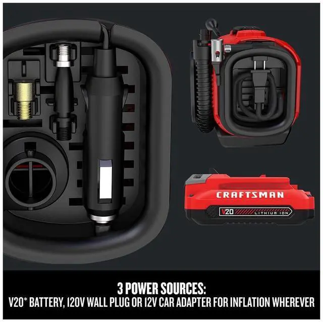 Alt view image 4 of 7 - _Mega Brand V20 Tire Inflator, Portable Air Compressor, 3 Modes: Cordless, 120V Corded, and 12V Car Adapter, Air Pump, Battery Sold Separately (CMCE520B)