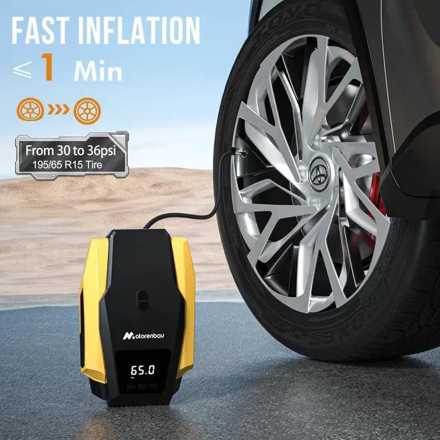 Alt view image 2 of 7 - Tire Inflator Portable Air Compressor, 150PSI 12V DC Air Pump for Car Tires with LED Light, Auto Shutoff & Pressure Gauge, Tire Air Pump for Car,Motorcycle,Bicycle,Balls and Other Inflatables(Yellow)