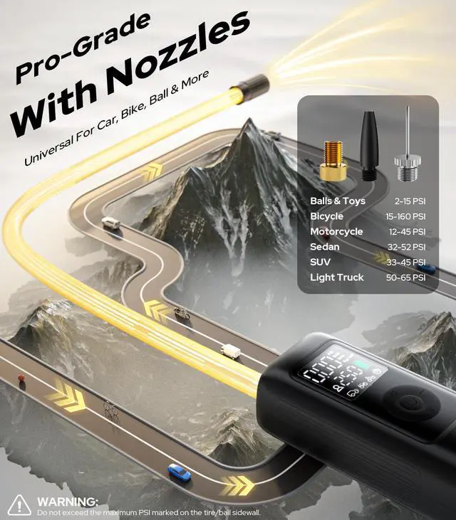 Alt view image 5 of 7 - _Mega Brand 160PSI Tire Inflator Portable Air Compressor - 48LPM Fast Air Pump for Car Tires: SUV, Light Truck, Motorcycle, Bike, 10000mAh with Auto Shut-Off, Digital Gauge, 12V Car Adapter, LED Light