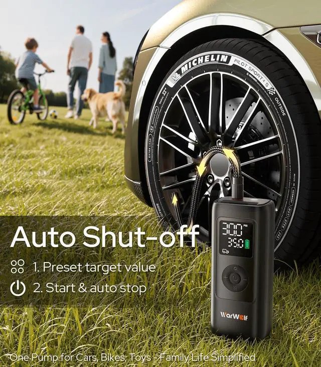 Alt view image 6 of 7 - _Mega Brand 160PSI Tire Inflator Portable Air Compressor - 48LPM Fast Air Pump for Car Tires: SUV, Light Truck, Motorcycle, Bike, 10000mAh with Auto Shut-Off, Digital Gauge, 12V Car Adapter, LED Light