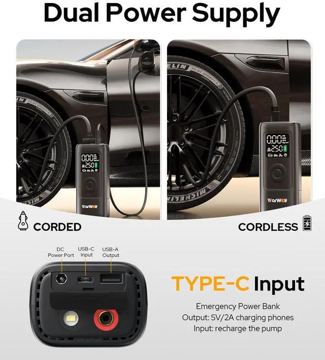 Alt view image 7 of 7 - _Mega Brand 160PSI Tire Inflator Portable Air Compressor - 48LPM Fast Air Pump for Car Tires: SUV, Light Truck, Motorcycle, Bike, 10000mAh with Auto Shut-Off, Digital Gauge, 12V Car Adapter, LED Light
