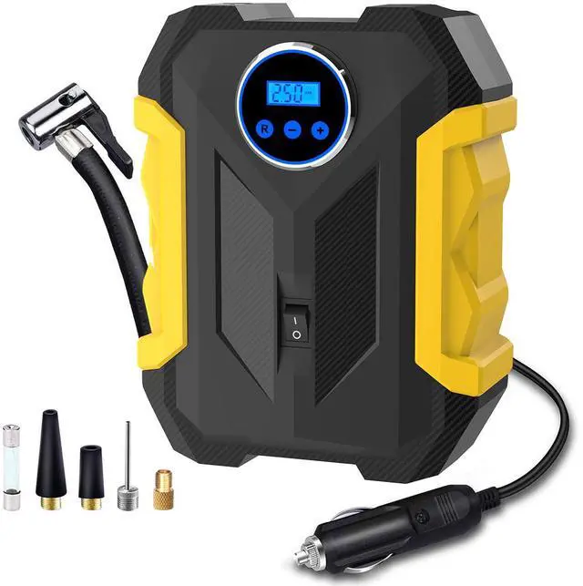Main image of Hoegoa Digital Air Compressor 12V DC Portable Tire Inflator for Car, SUV, Motorcycle, Bike, 150 PSI Auto-Shutoff, LED Light, Fast 25L/Min Pump, Plug-and-Play Auto Pump Kit