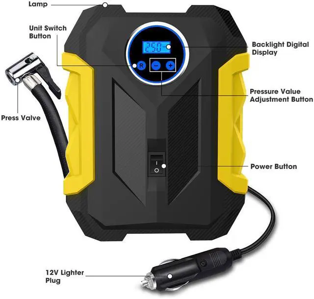 Alt view image 2 of 7 - Hoegoa Digital Air Compressor 12V DC Portable Tire Inflator for Car, SUV, Motorcycle, Bike, 150 PSI Auto-Shutoff, LED Light, Fast 25L/Min Pump, Plug-and-Play Auto Pump Kit