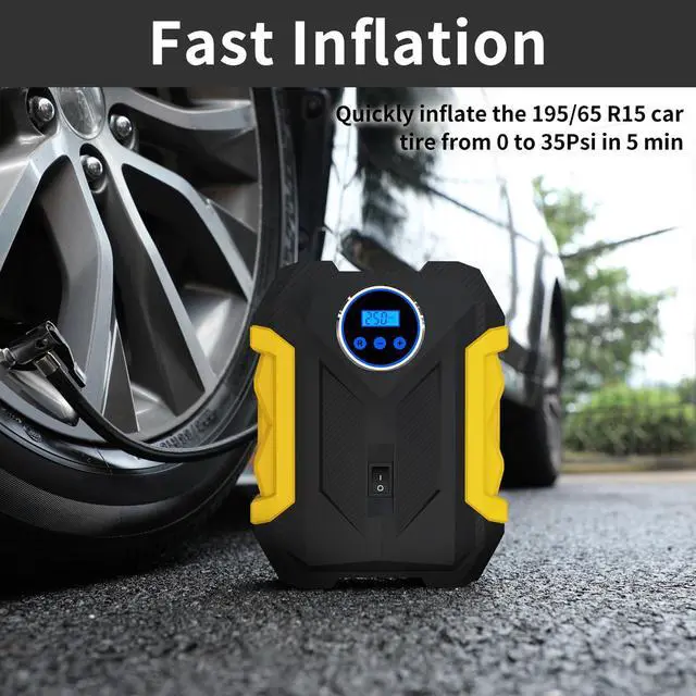 Alt view image 4 of 7 - Hoegoa Digital Air Compressor 12V DC Portable Tire Inflator for Car, SUV, Motorcycle, Bike, 150 PSI Auto-Shutoff, LED Light, Fast 25L/Min Pump, Plug-and-Play Auto Pump Kit